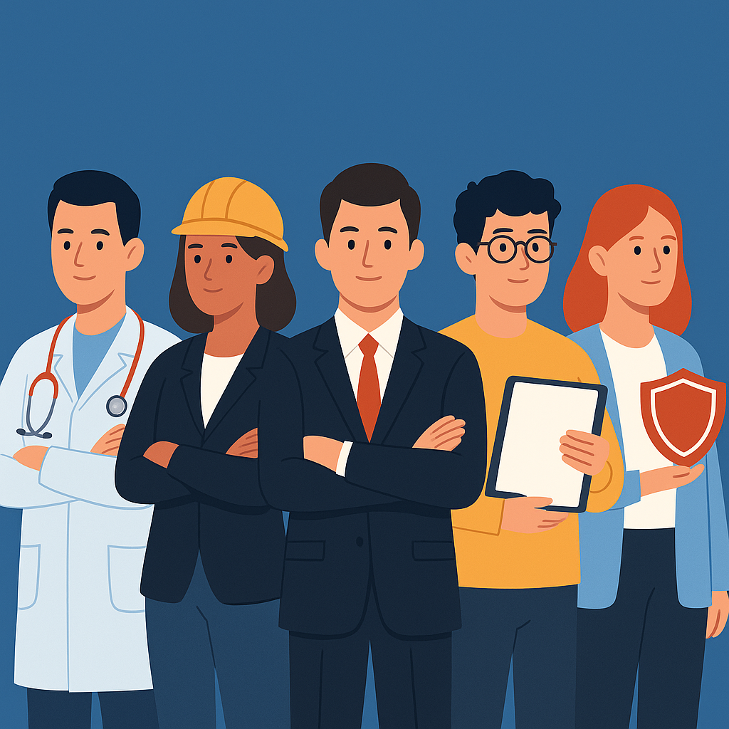 Ilustração de cinco profissionais liberais (médico, engenheiro, advogada, advogado e administradora) em frente a um escudo representando proteção patrimonial e seguro de responsabilidade civil.