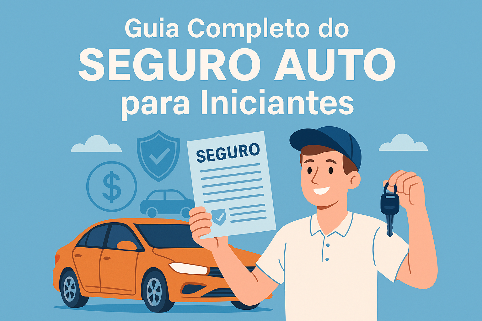 Ilustração de homem segurando chave e apólice de seguro ao lado de carro laranja, representando o Guia Completo do Seguro Auto para Iniciantes da Menegon Seguros.